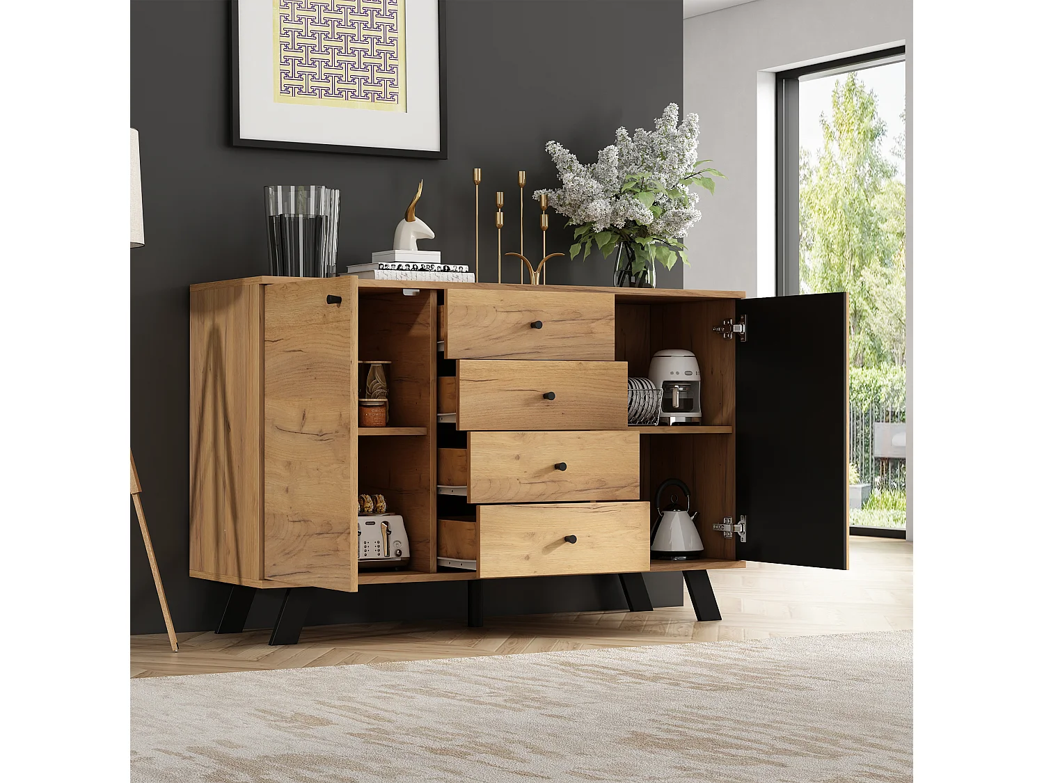 Buffet de salon - 120 x 38 x 75 cm - avec 4 tiroirs + 2 portes - table d'appoint - MDF - naturel