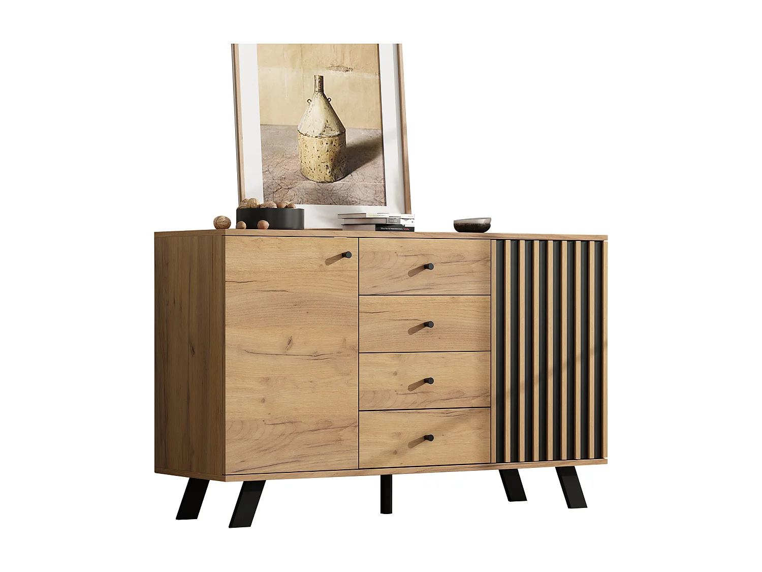 Buffet de salon - 120 x 38 x 75 cm - avec 4 tiroirs + 2 portes - table d'appoint - MDF - naturel