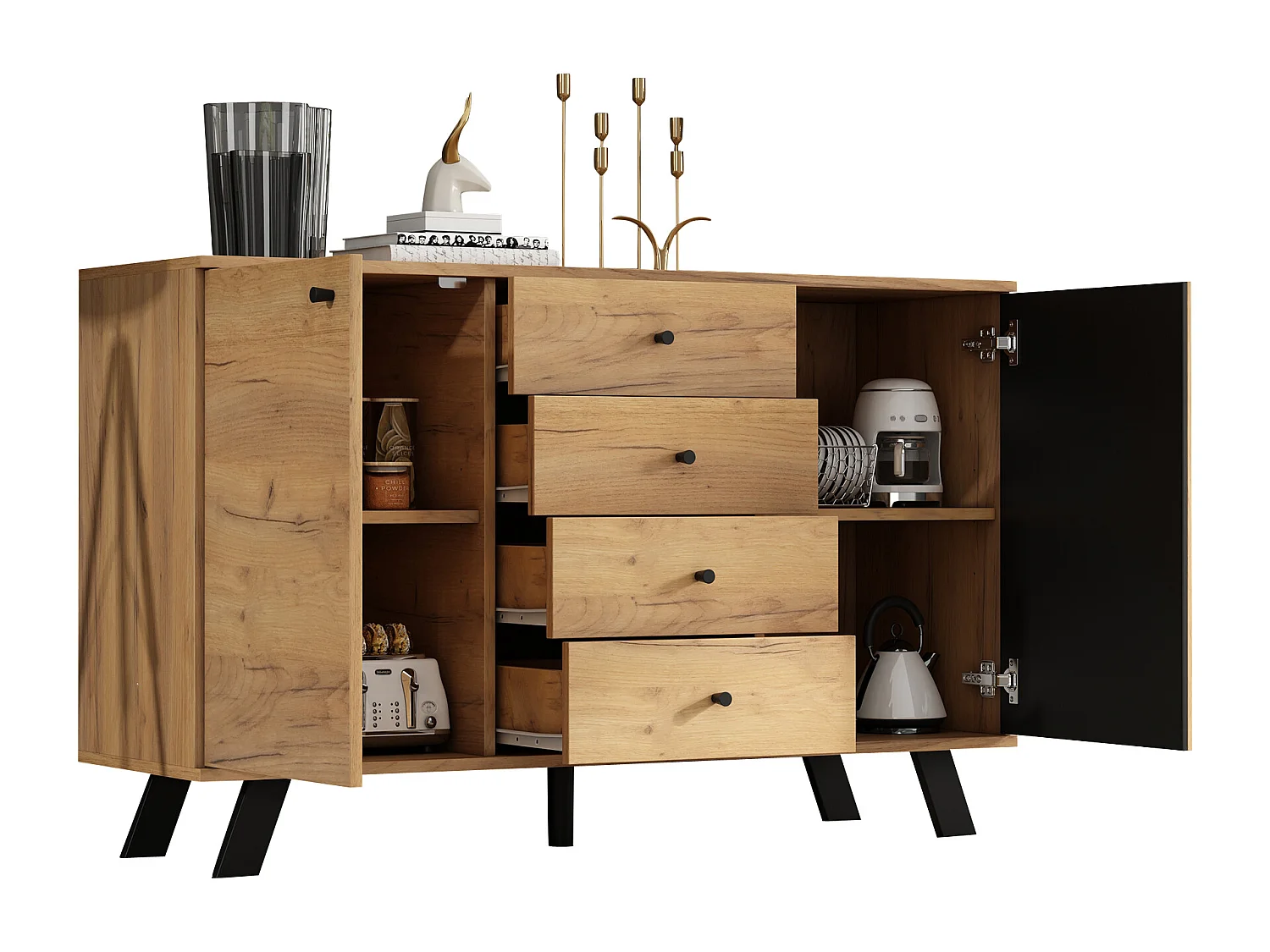 Buffet de salon - 120 x 38 x 75 cm - avec 4 tiroirs + 2 portes - table d'appoint - MDF - naturel