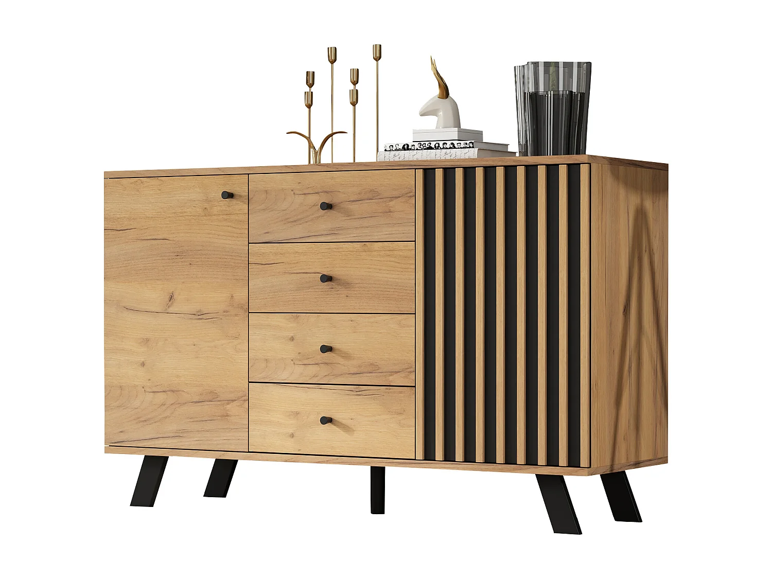 Buffet de salon - 120 x 38 x 75 cm - avec 4 tiroirs + 2 portes - table d'appoint - MDF - naturel