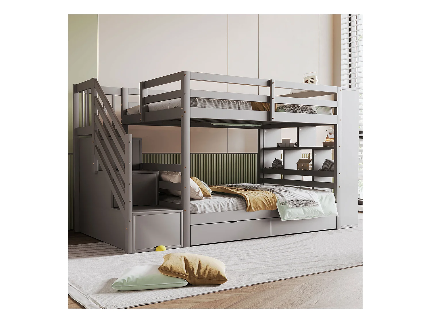 Lit superposés enfant - 2 x 90 x 200 cm - avec échelle de rangement + 2 tiroirs + grands casiers - bois - gris