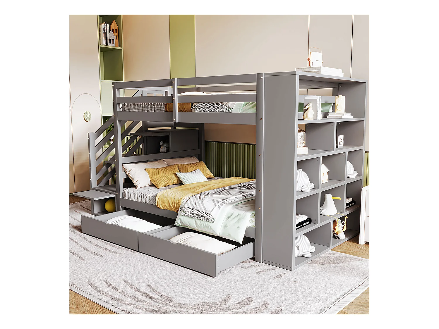 Lit superposés enfant - 2 x 90 x 200 cm - avec échelle de rangement + 2 tiroirs + grands casiers - bois - gris