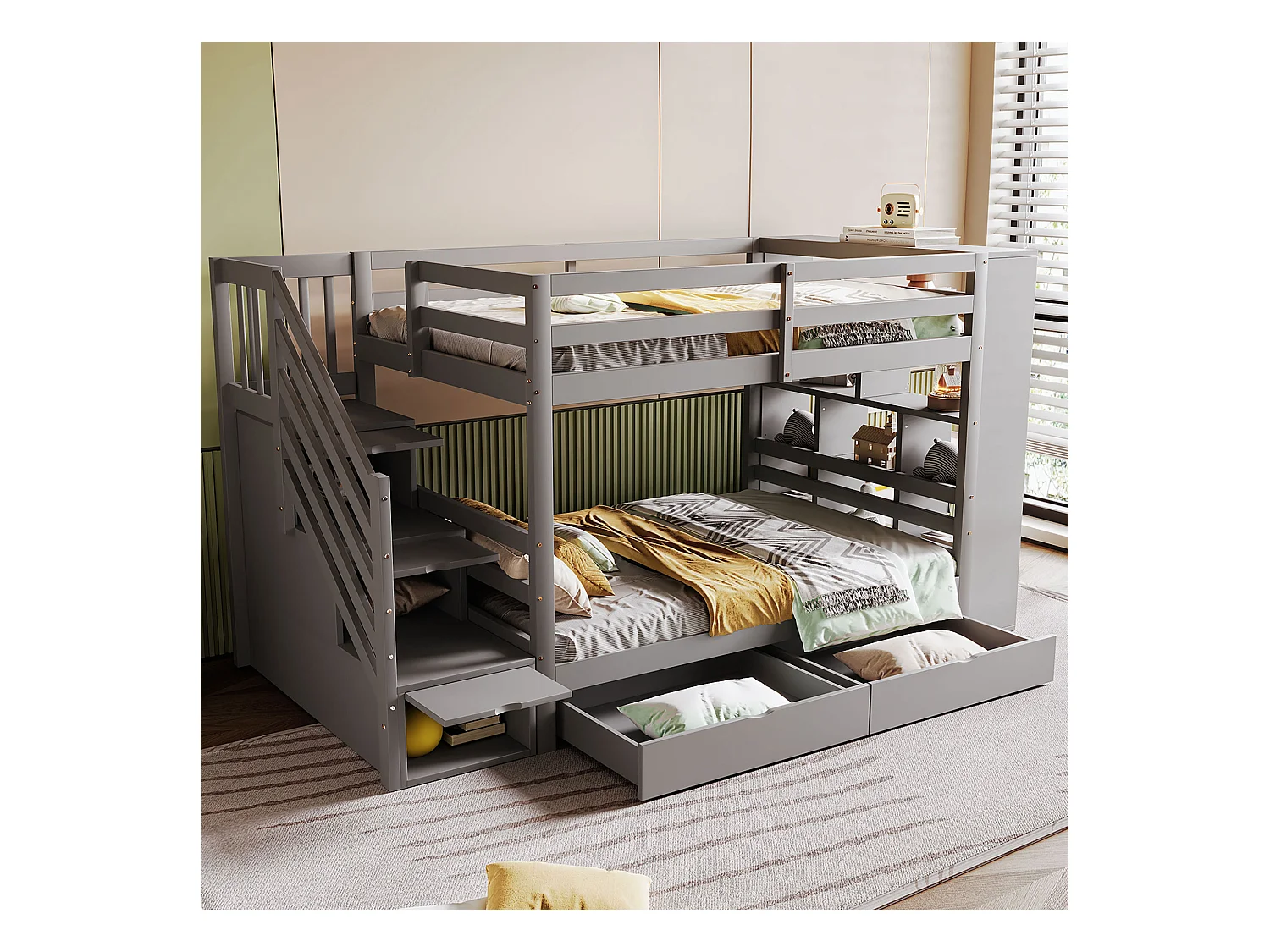 Lit superposés enfant - 2 x 90 x 200 cm - avec échelle de rangement + 2 tiroirs + grands casiers - bois - gris