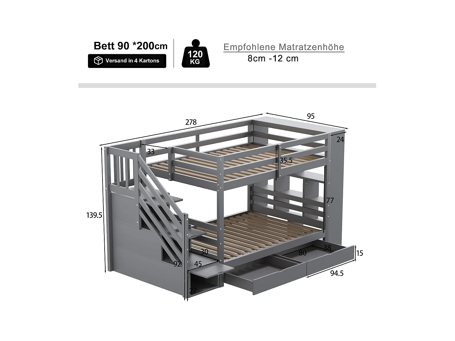 Lit superposés enfant - 2 x 90 x 200 cm - avec échelle de rangement + 2 tiroirs + grands casiers - bois - gris