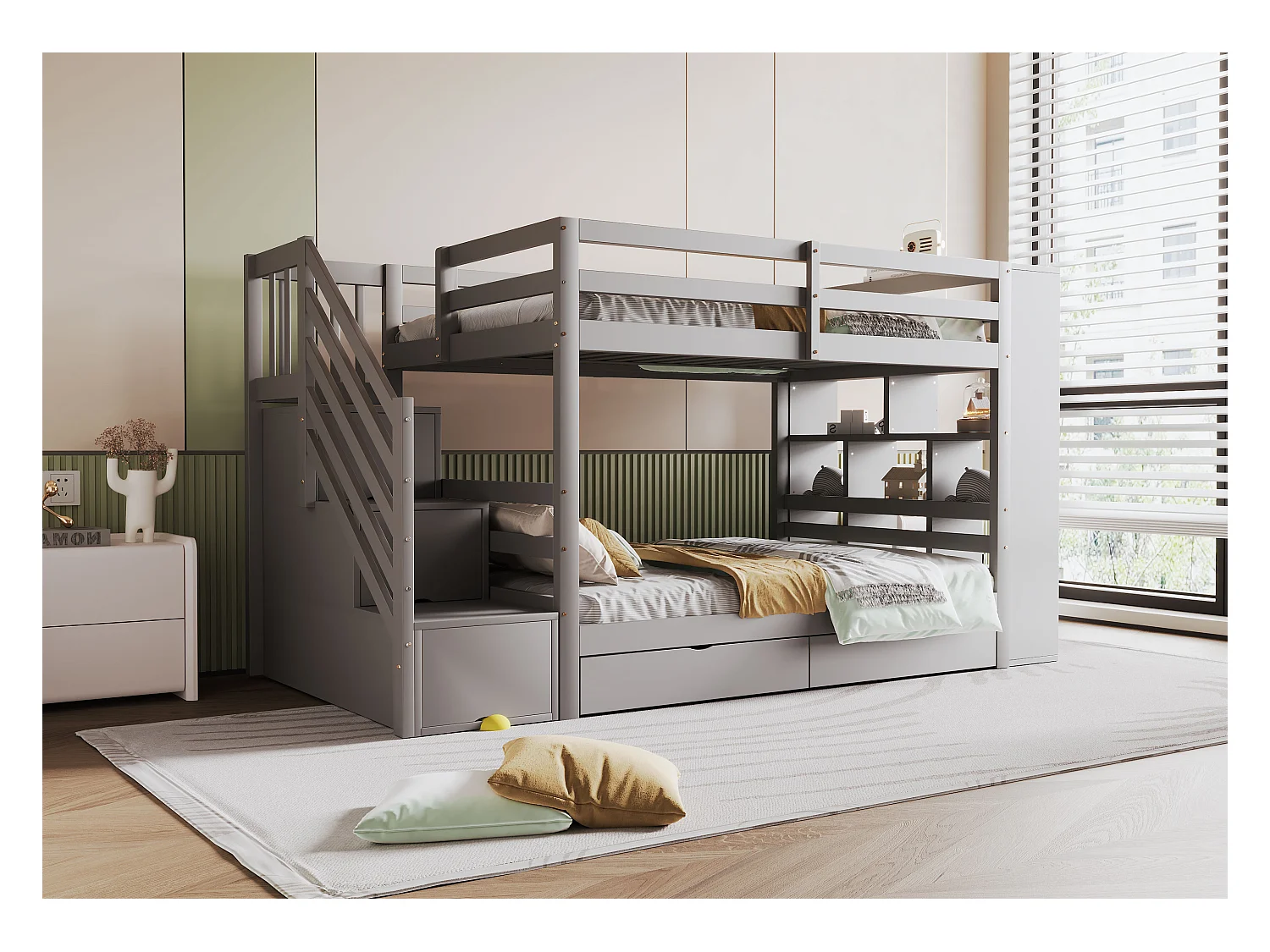 Lit superposés enfant - 2 x 90 x 200 cm - avec échelle de rangement + 2 tiroirs + grands casiers - bois - gris