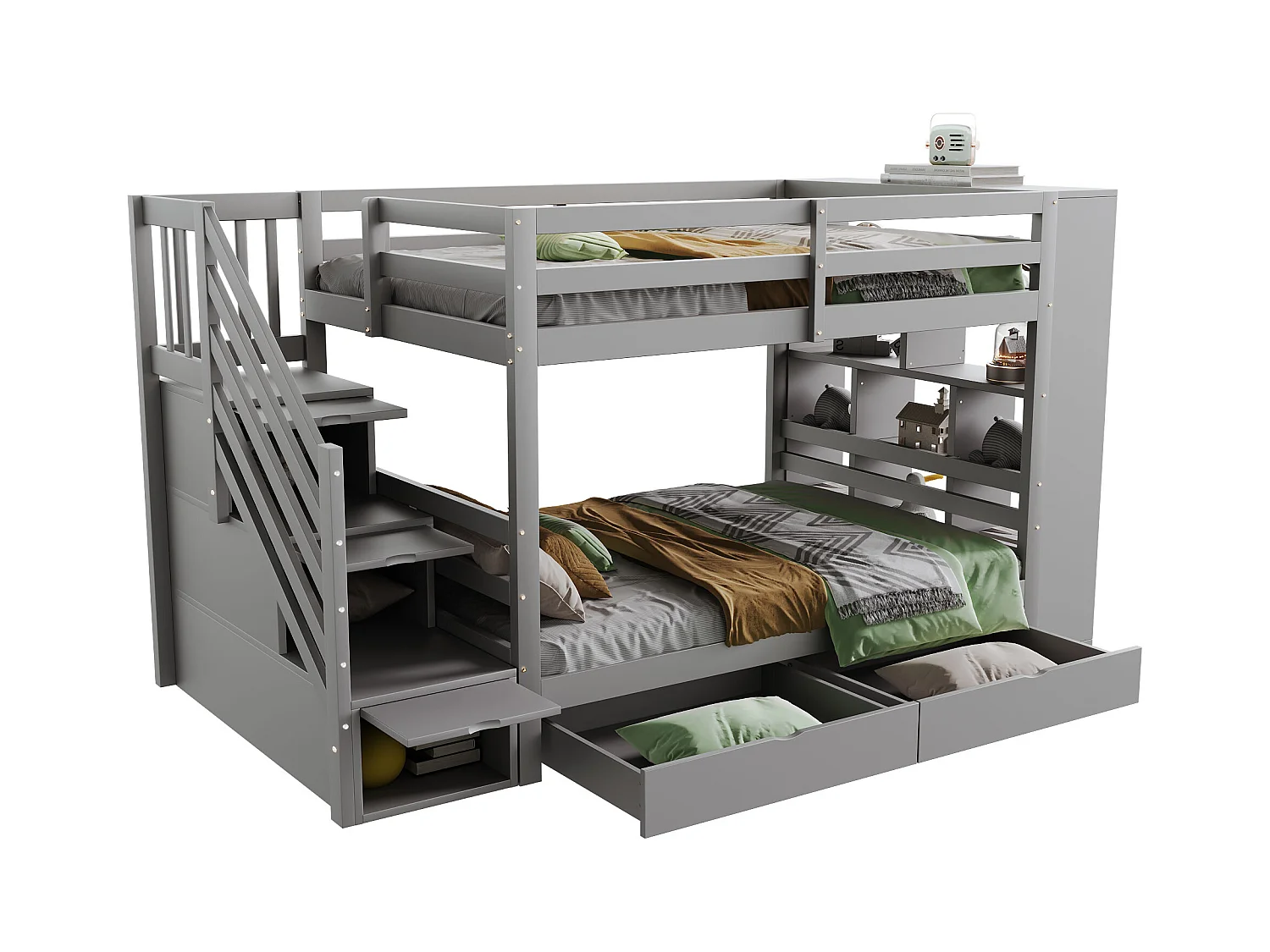 Lit superposés enfant - 2 x 90 x 200 cm - avec échelle de rangement + 2 tiroirs + grands casiers - bois - gris