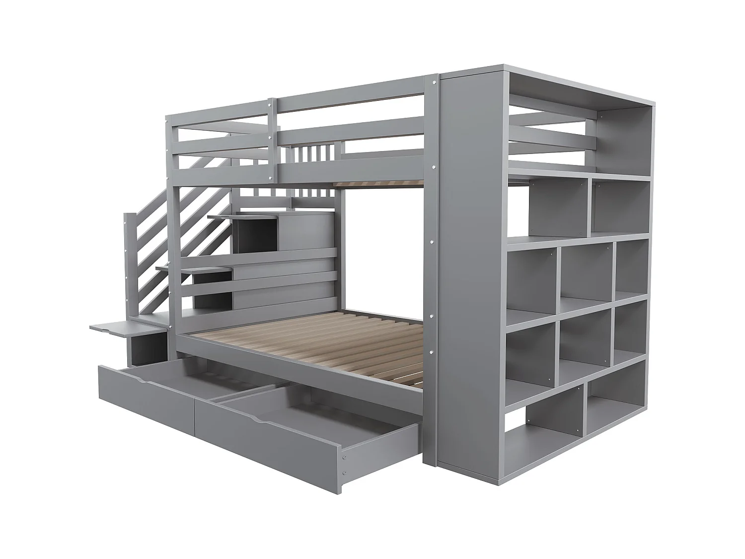 Lit superposés enfant - 2 x 90 x 200 cm - avec échelle de rangement + 2 tiroirs + grands casiers - bois - gris