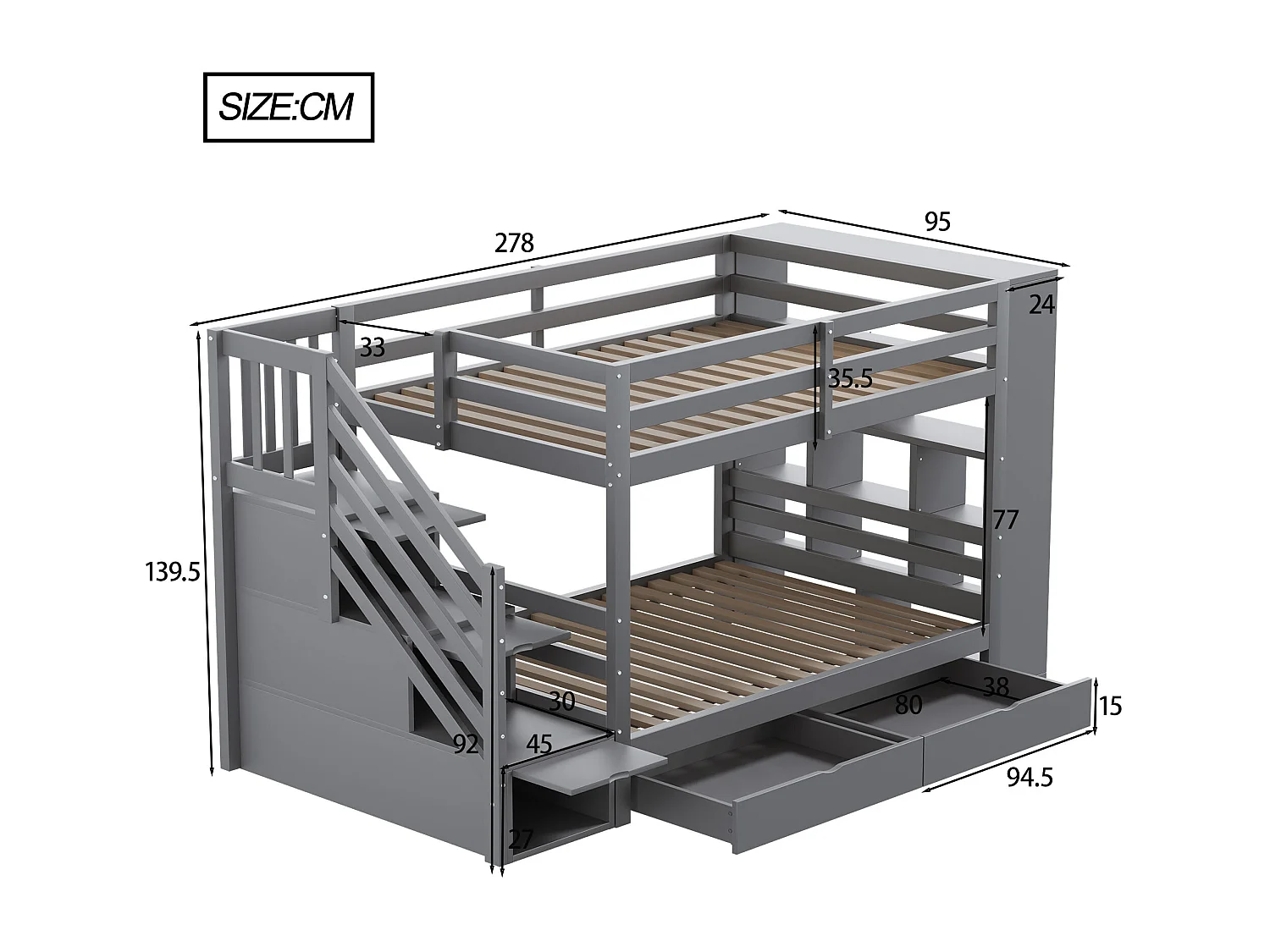 Lit superposés enfant - 2 x 90 x 200 cm - avec échelle de rangement + 2 tiroirs + grands casiers - bois - gris