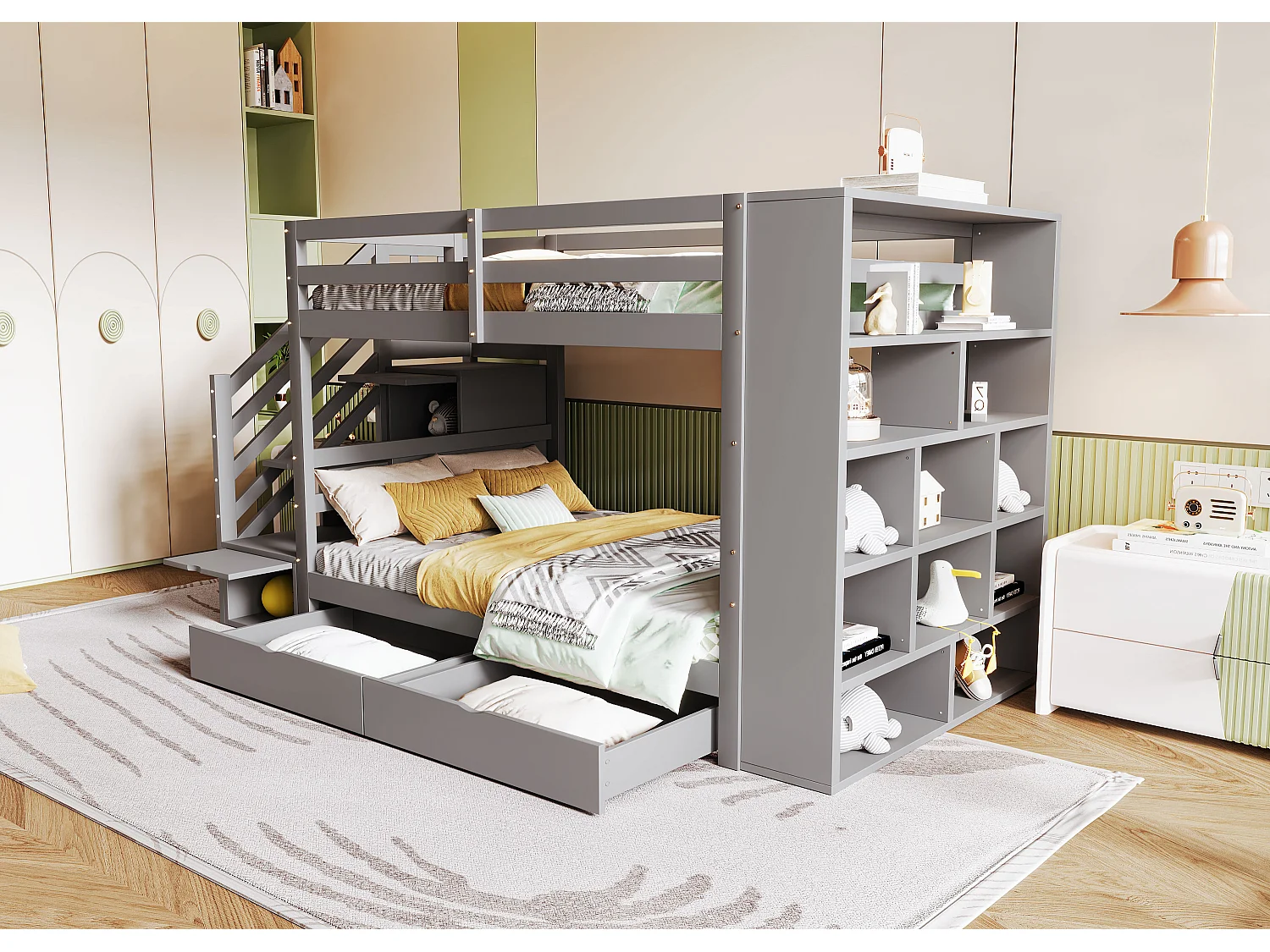 Lit superposés enfant - 2 x 90 x 200 cm - avec échelle de rangement + 2 tiroirs + grands casiers - bois - gris