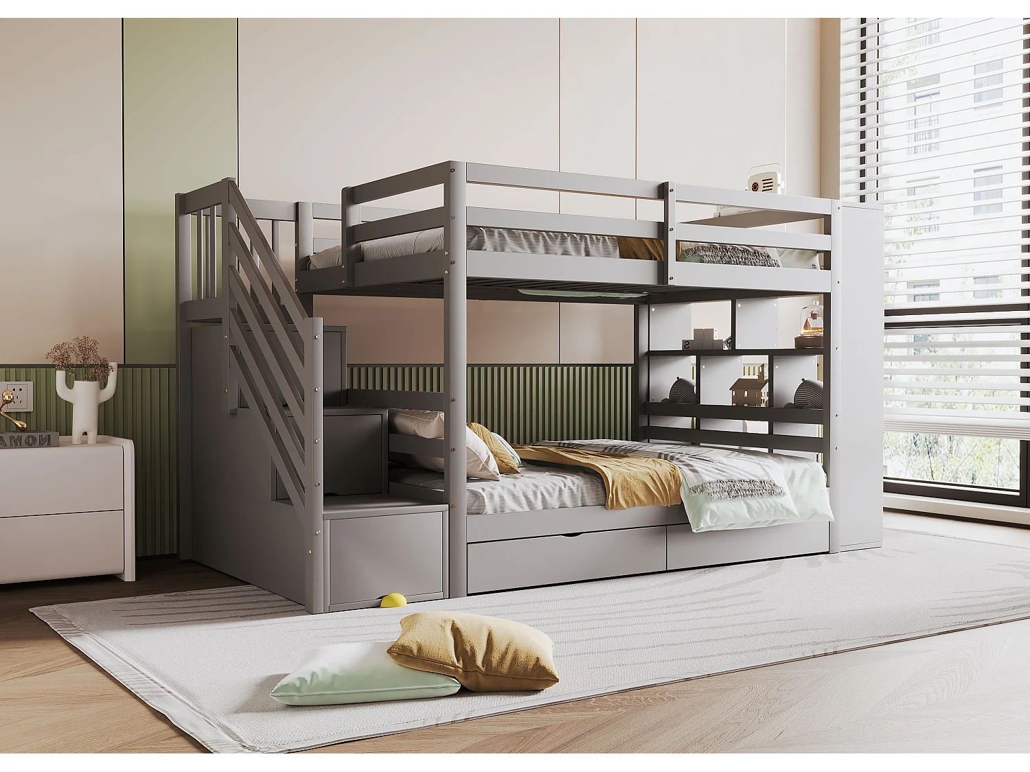 Lit superposés enfant - 2 x 90 x 200 cm - avec échelle de rangement + 2 tiroirs + grands casiers - bois - gris