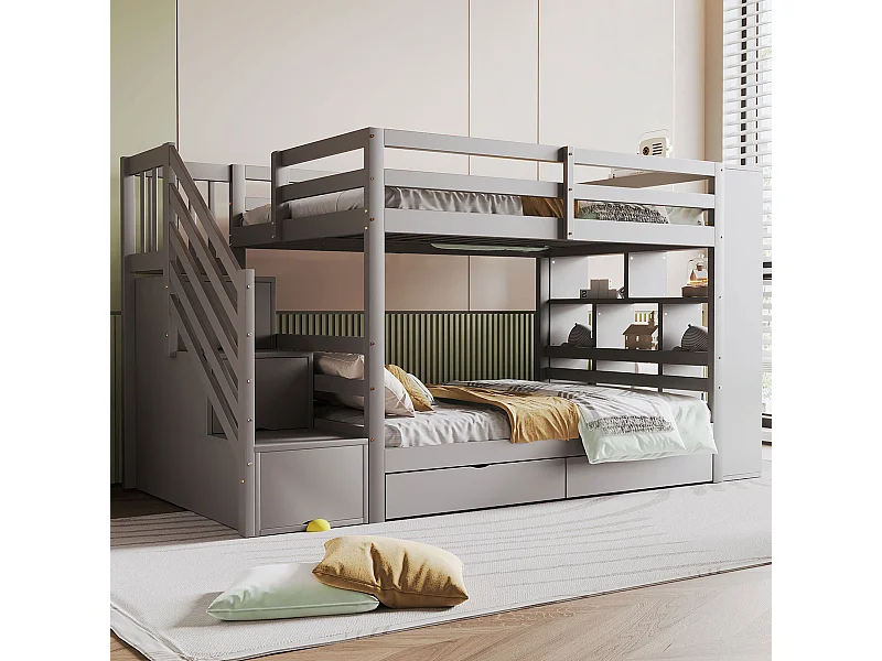 Lit superposés enfant - 2 x 90 x 200 cm - avec échelle de rangement + 2 tiroirs + grands casiers - bois - gris