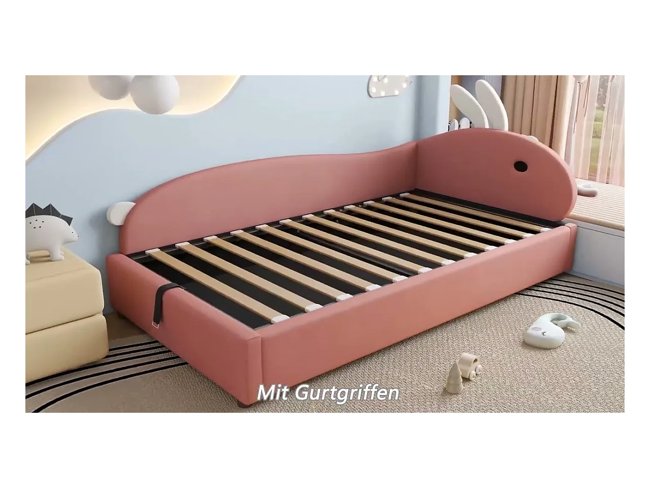 Lit coffre pour enfants 90x200cm - tête de lit en forme de lapin - clôture de droite - avec sommier à lattes - velours + contreplaqué - Rose