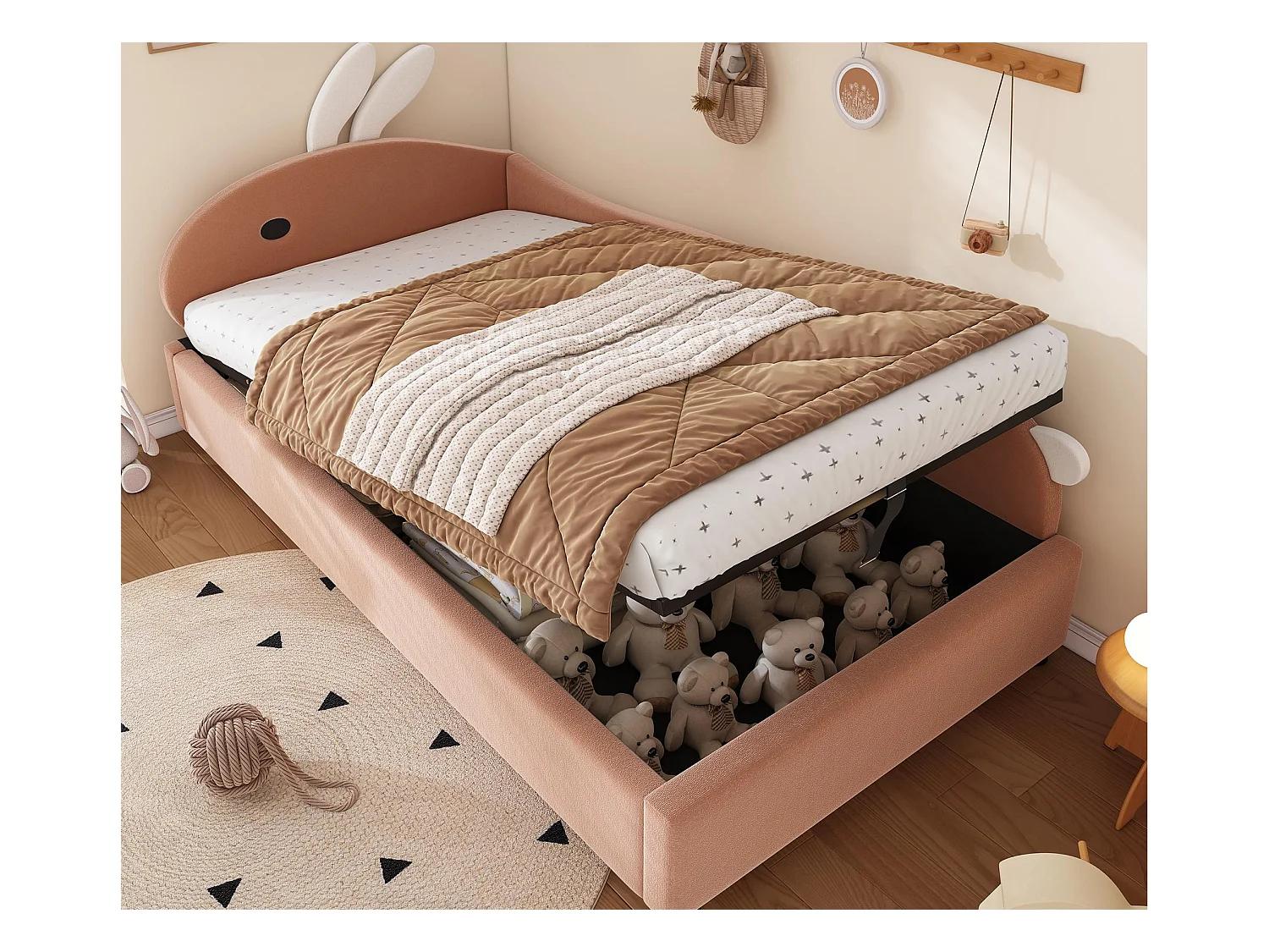 Lit coffre pour enfants 90x200cm - tête de lit en forme de lapin - clôture de droite - avec sommier à lattes - velours + contreplaqué - Rose