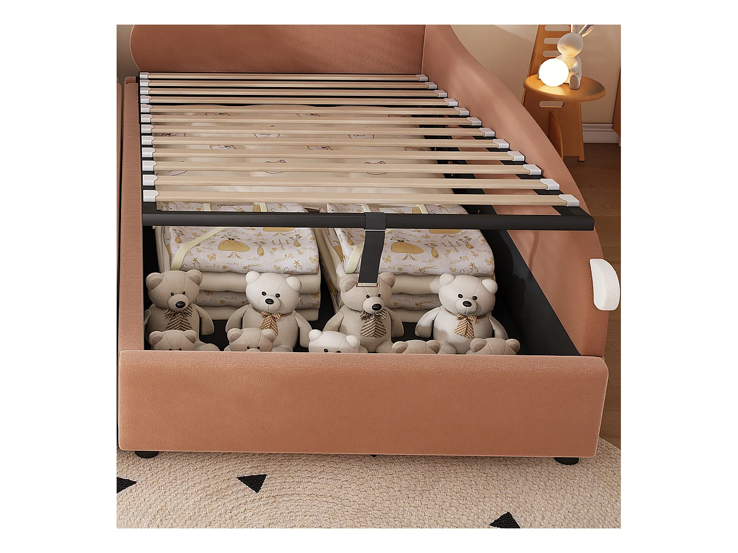 Lit coffre pour enfants 90x200cm - tête de lit en forme de lapin - clôture de droite - avec sommier à lattes - velours + contreplaqué - Rose