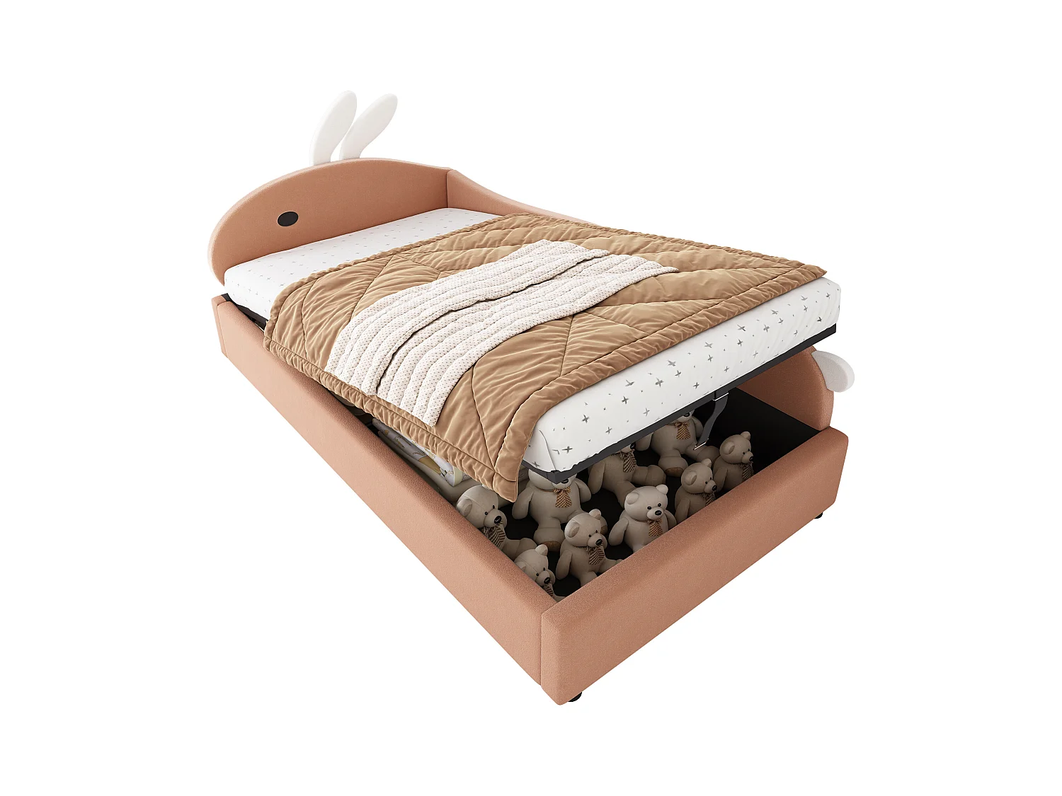 Lit coffre pour enfants 90x200cm - tête de lit en forme de lapin - clôture de droite - avec sommier à lattes - velours + contreplaqué - Rose