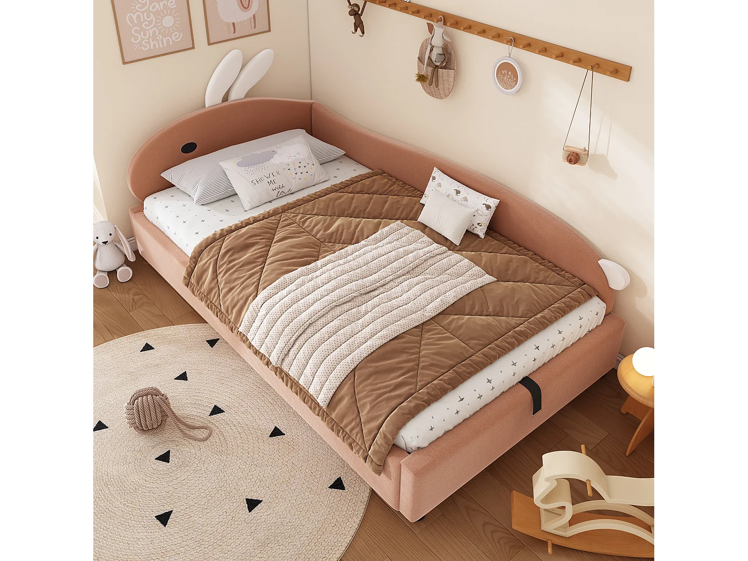 Kinder-Stauraumbett 90×200 cm - Hasenohr-Kopfteil - rechte Schutzseite - mit Lattenrost - Samt + Sperrholz - Rosa