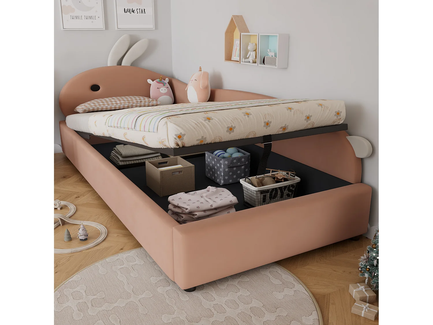 Kinder-Stauraumbett 90×200 cm - Hasenohr-Kopfteil - rechte Schutzseite - mit Lattenrost - Samt + Sperrholz - Rosa