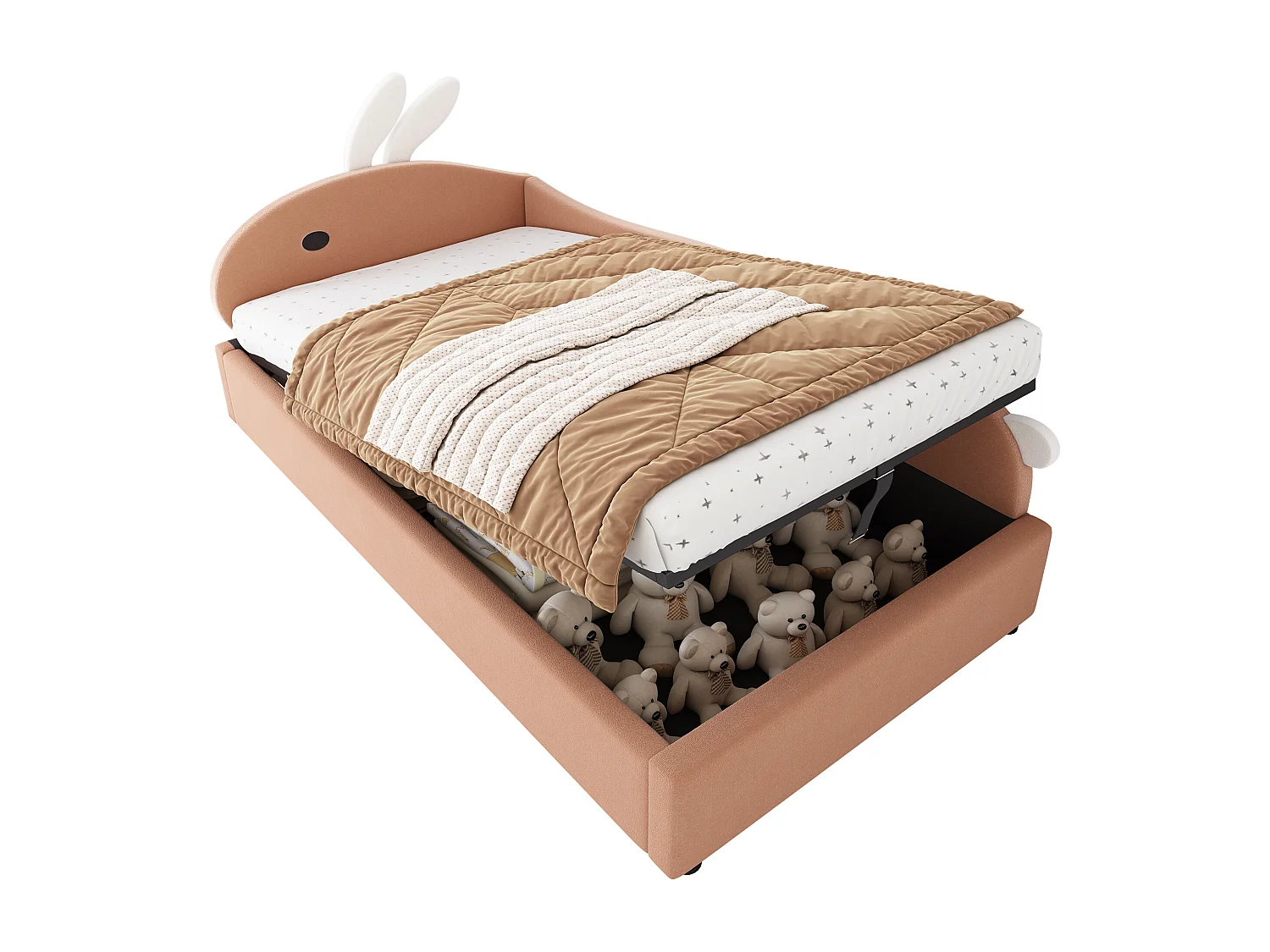 Kinder-Stauraumbett 90×200 cm - Hasenohr-Kopfteil - rechte Schutzseite - mit Lattenrost - Samt + Sperrholz - Rosa