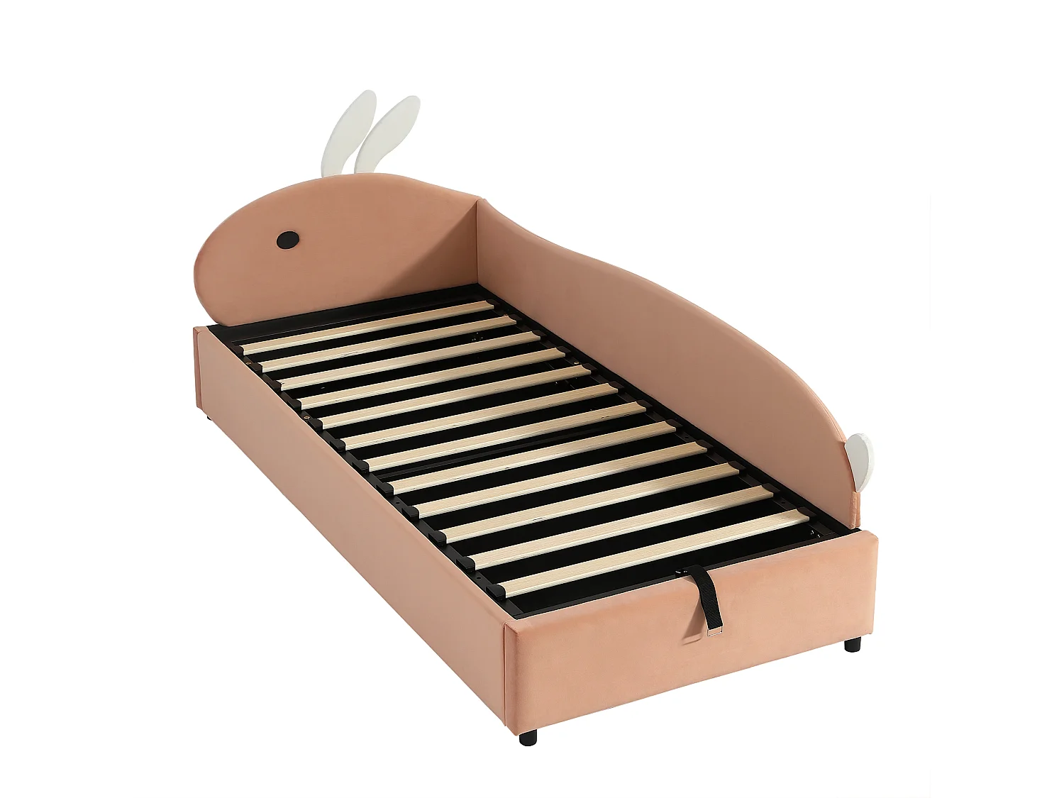 Kinder-Stauraumbett 90×200 cm - Hasenohr-Kopfteil - rechte Schutzseite - mit Lattenrost - Samt + Sperrholz - Rosa