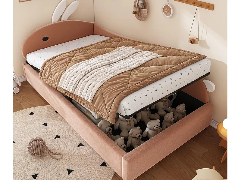 Kinderopbergbed 90×200 cm - konijnenoren hoofdeinde - rechter zijkant - met lattenbodem - fluweel + triplex - Roze