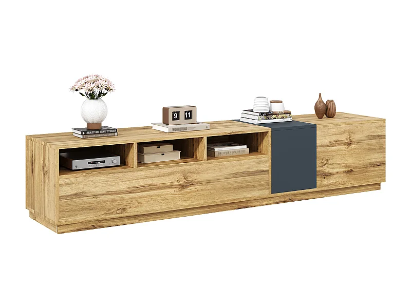 Meuble TV moderne - 200 x 45 x 45 cm - avec 3 portes + compartiments ouverts - aggloméré - naturel