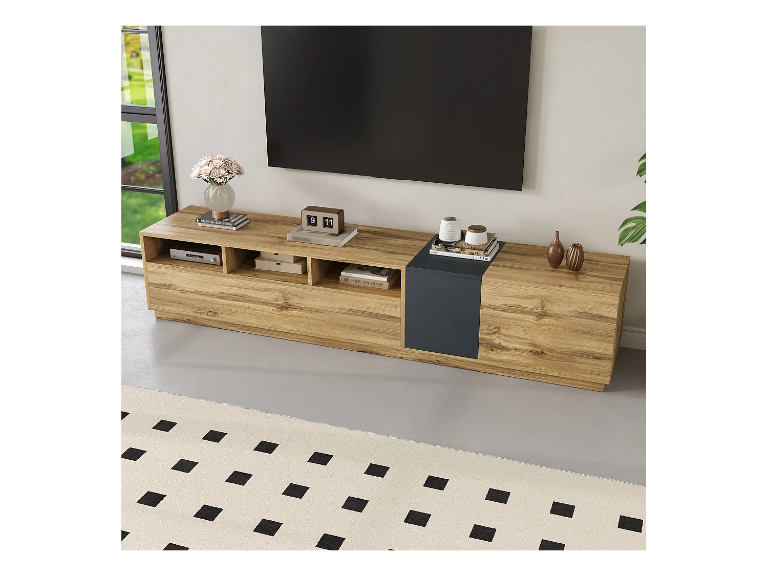 Meuble TV moderne - 200 x 45 x 45 cm - avec 3 portes + compartiments ouverts - aggloméré - naturel