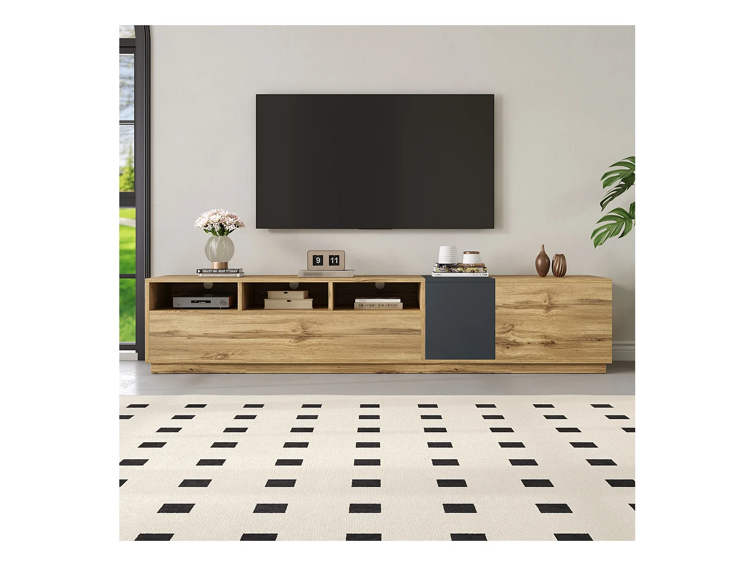 Meuble TV moderne - 200 x 45 x 45 cm - avec 3 portes + compartiments ouverts - aggloméré - naturel
