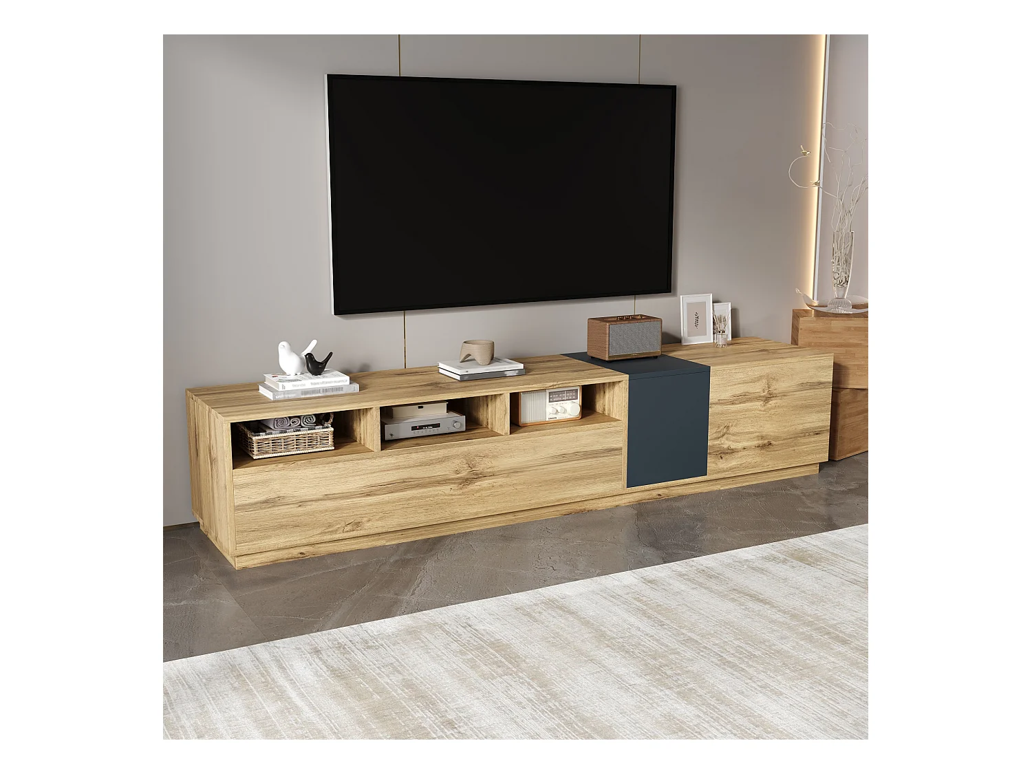 Meuble TV moderne - 200 x 45 x 45 cm - avec 3 portes + compartiments ouverts - aggloméré - naturel