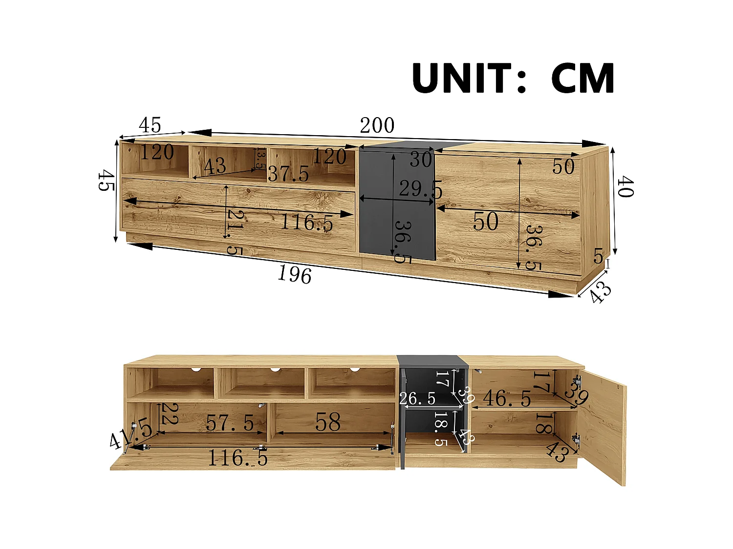 Meuble TV moderne - 200 x 45 x 45 cm - avec 3 portes + compartiments ouverts - aggloméré - naturel