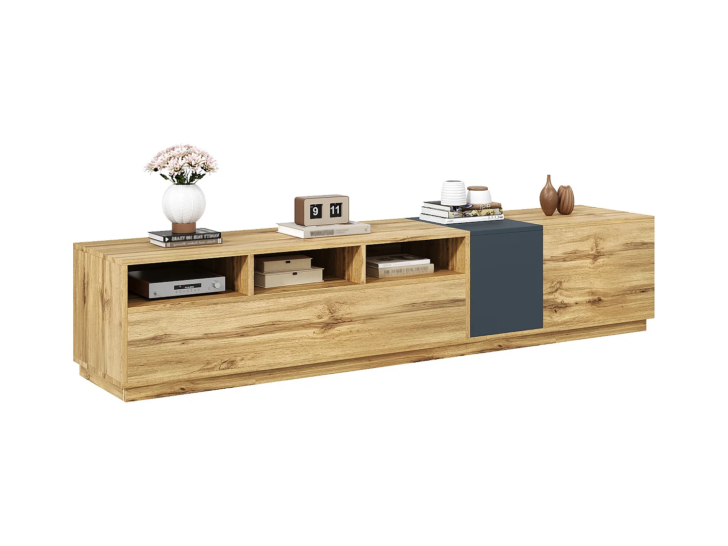 Moderner TV-Schrank - 200 x 45 x 45 cm - mit 3 Türen + offenen Fächern - Spanplatte - Natur