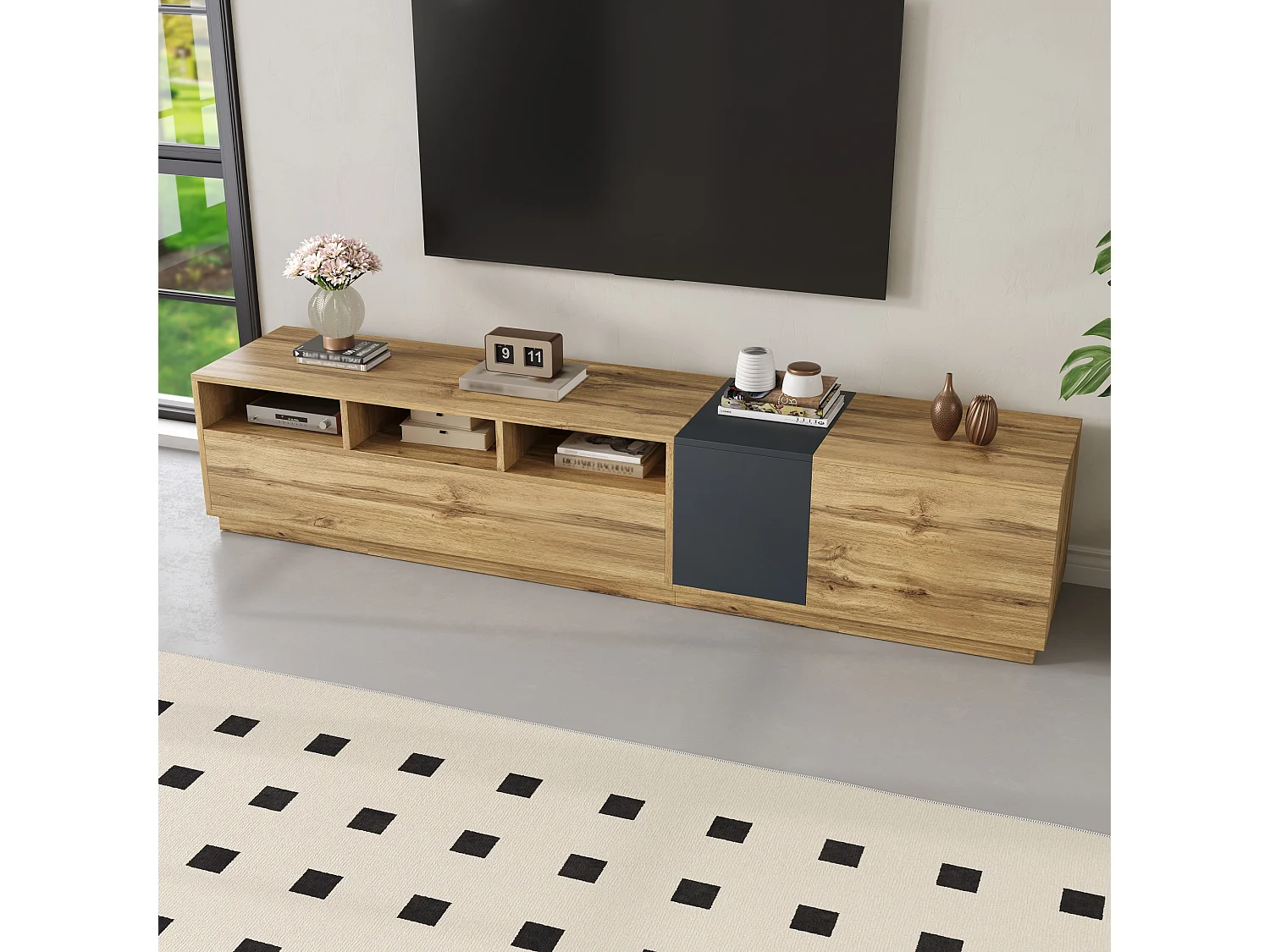 Moderner TV-Schrank - 200 x 45 x 45 cm - mit 3 Türen + offenen Fächern - Spanplatte - Natur