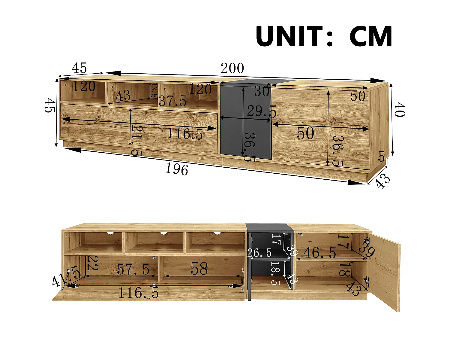 Moderner TV-Schrank - 200 x 45 x 45 cm - mit 3 Türen + offenen Fächern - Spanplatte - Natur