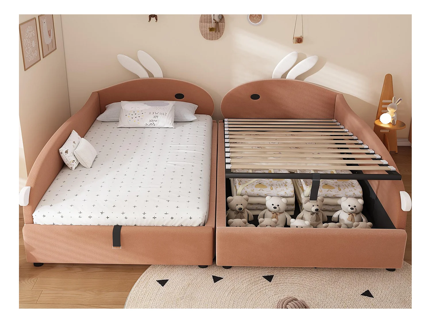 Lit coffre pour enfants 180x200cm - lit double épissé - tête de lit en forme de lapin - avec sommier à lattes - velours + contreplaqué - Rose