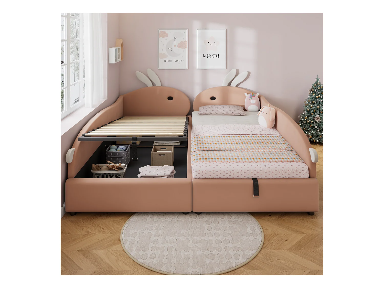 Lit coffre pour enfants 180x200cm - lit double épissé - tête de lit en forme de lapin - avec sommier à lattes - velours + contreplaqué - Rose