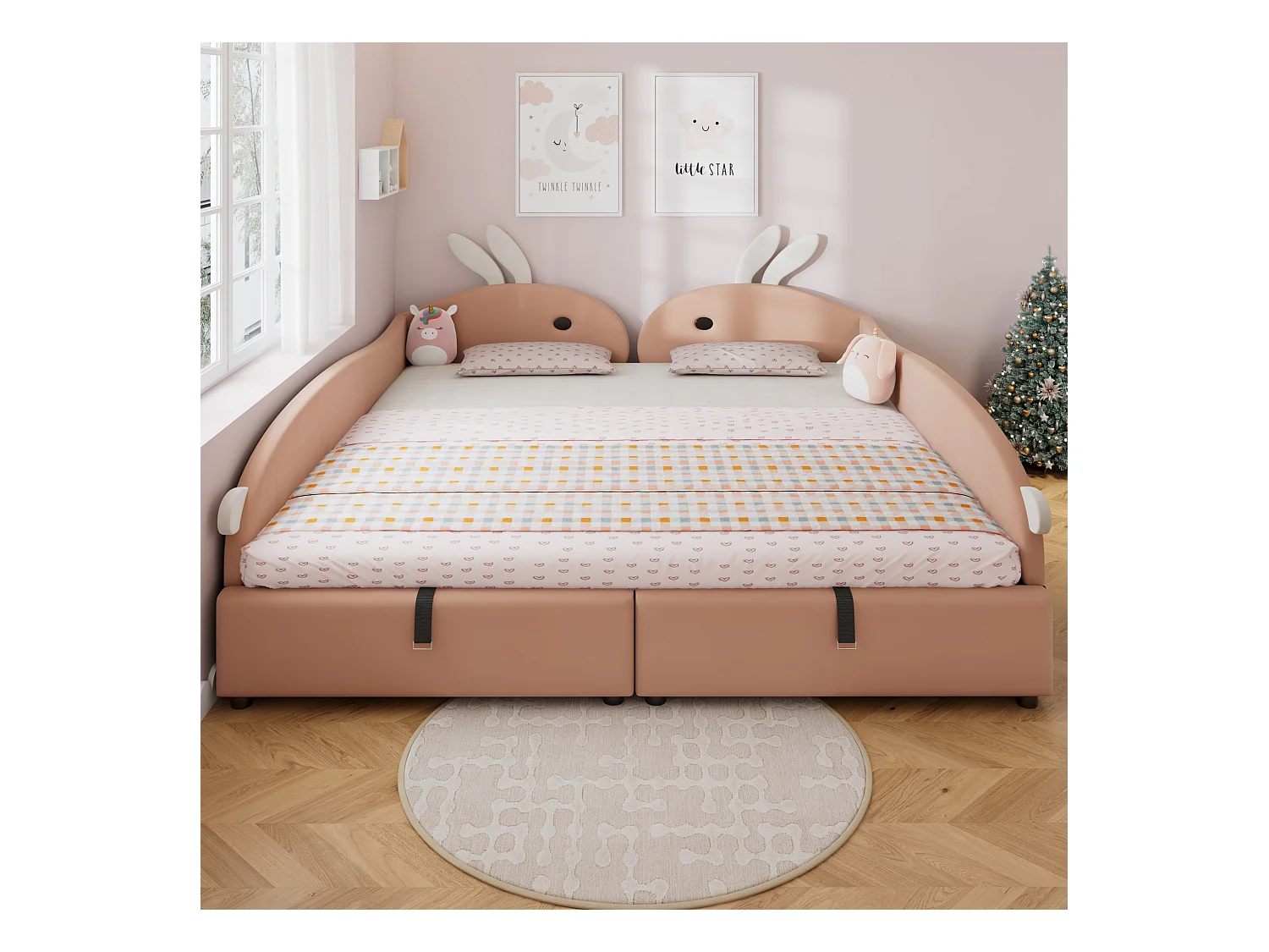 Lit coffre pour enfants 180x200cm - lit double épissé - tête de lit en forme de lapin - avec sommier à lattes - velours + contreplaqué - Rose