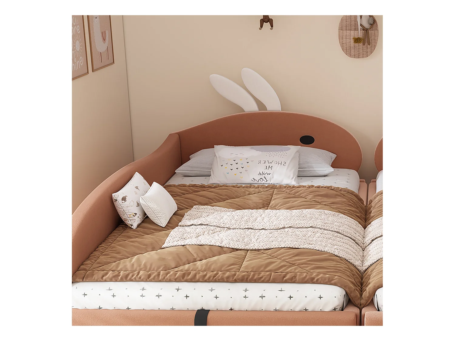 Lit coffre pour enfants 180x200cm - lit double épissé - tête de lit en forme de lapin - avec sommier à lattes - velours + contreplaqué - Rose