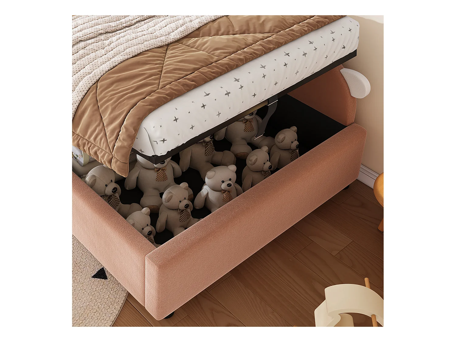 Lit coffre pour enfants 180x200cm - lit double épissé - tête de lit en forme de lapin - avec sommier à lattes - velours + contreplaqué - Rose