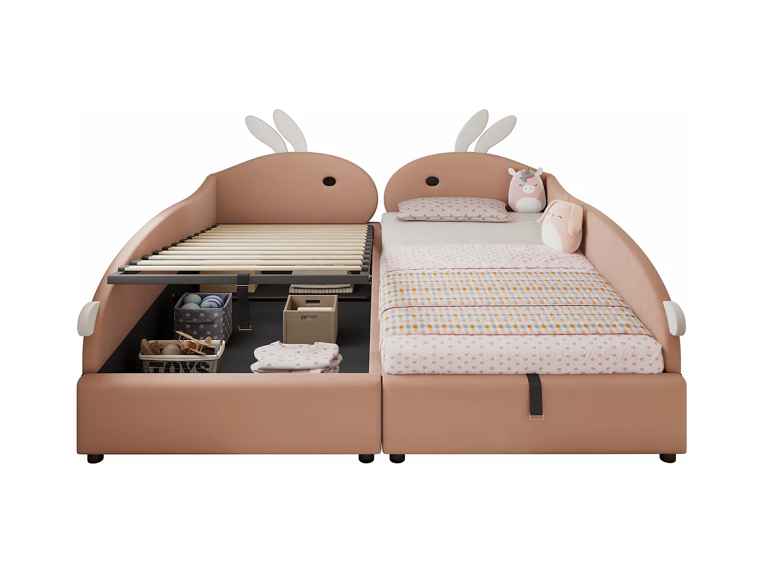 Lit coffre pour enfants 180x200cm - lit double épissé - tête de lit en forme de lapin - avec sommier à lattes - velours + contreplaqué - Rose