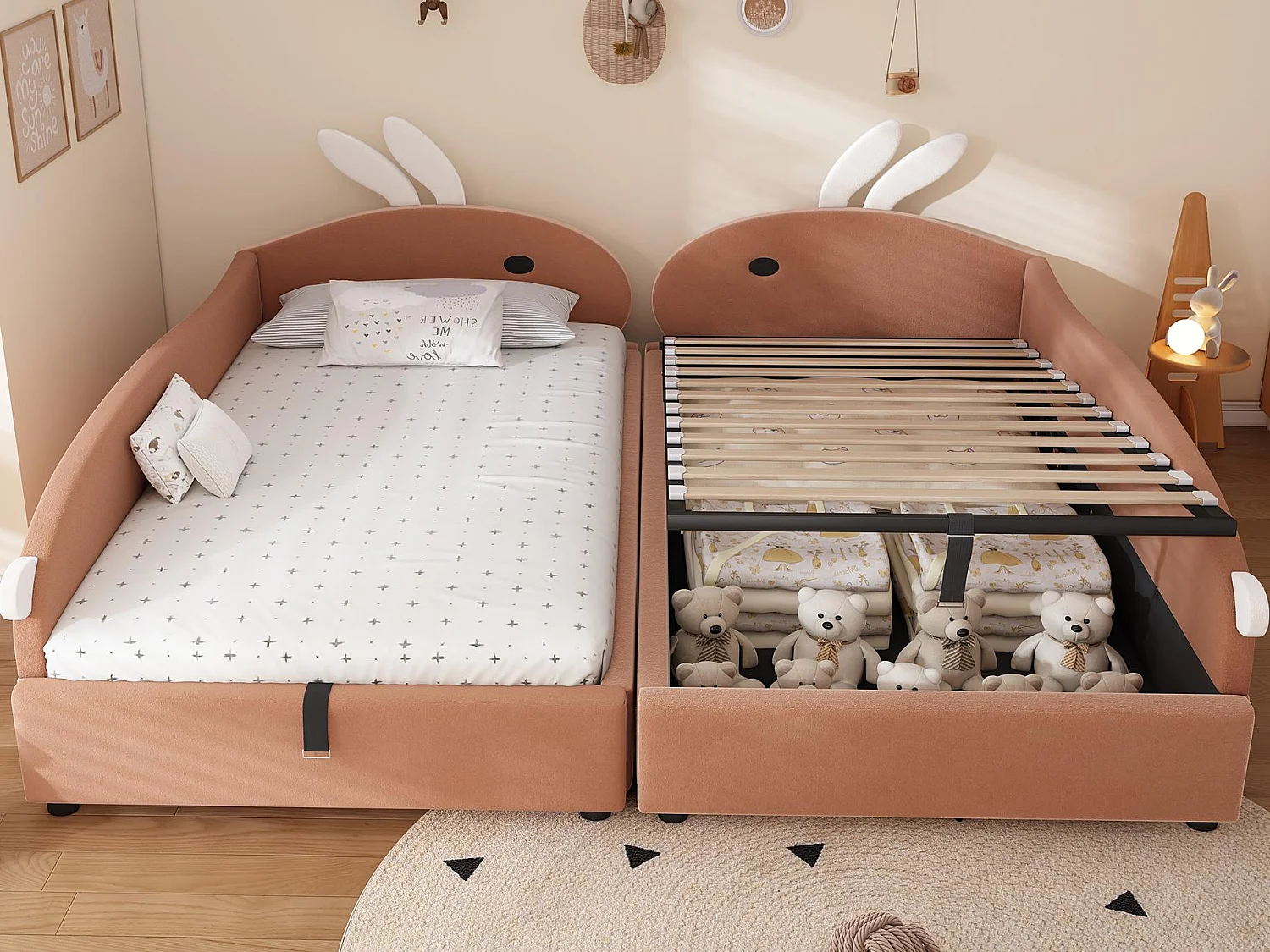 Kinder-Doppel-Stauraumbett 180×200 cm - Spleißdesign - Hasenohr-Kopfteil - mit Lattenrost - Samt + Sperrholz - Rosa