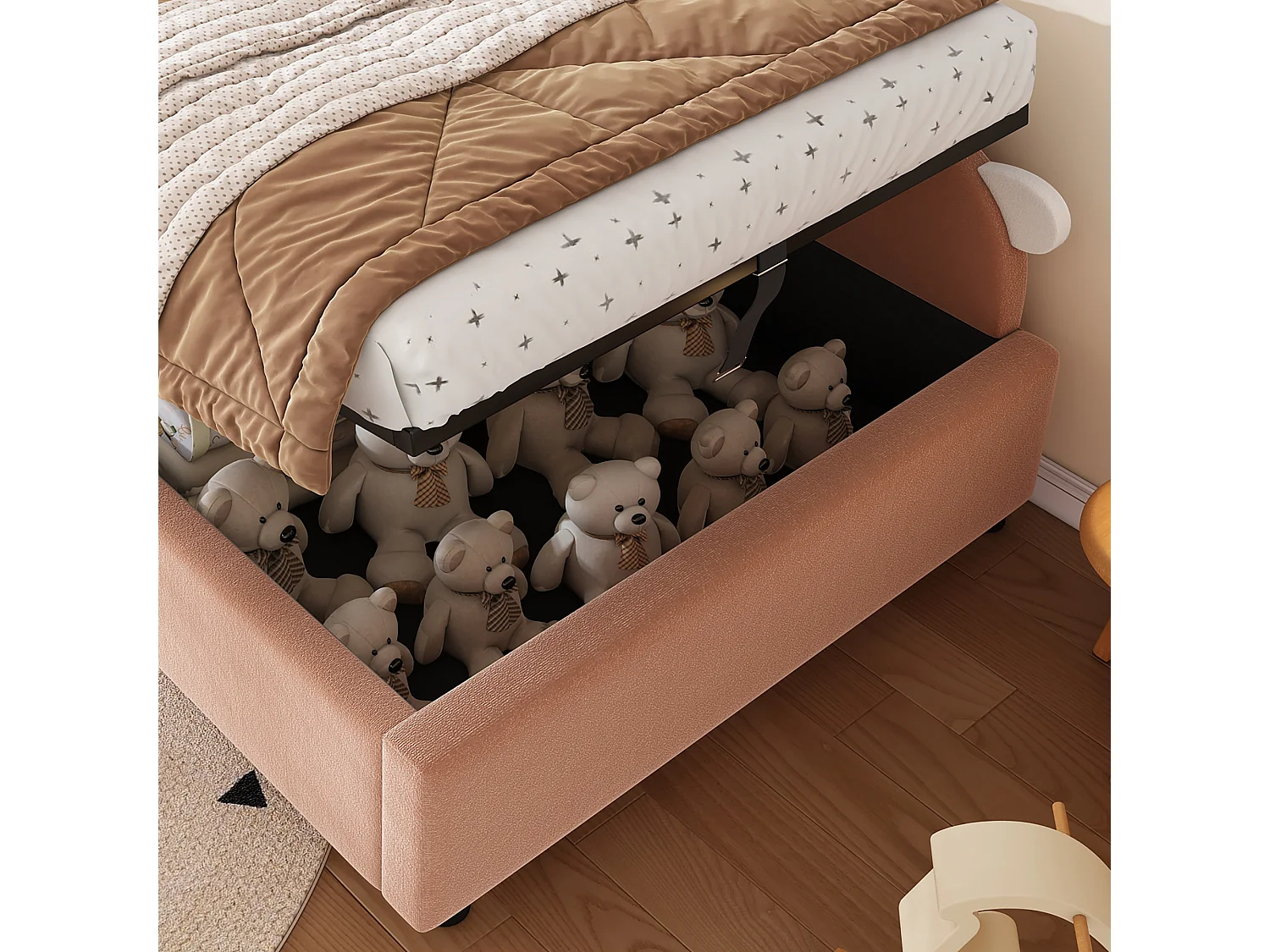 Kinder-Doppel-Stauraumbett 180×200 cm - Spleißdesign - Hasenohr-Kopfteil - mit Lattenrost - Samt + Sperrholz - Rosa