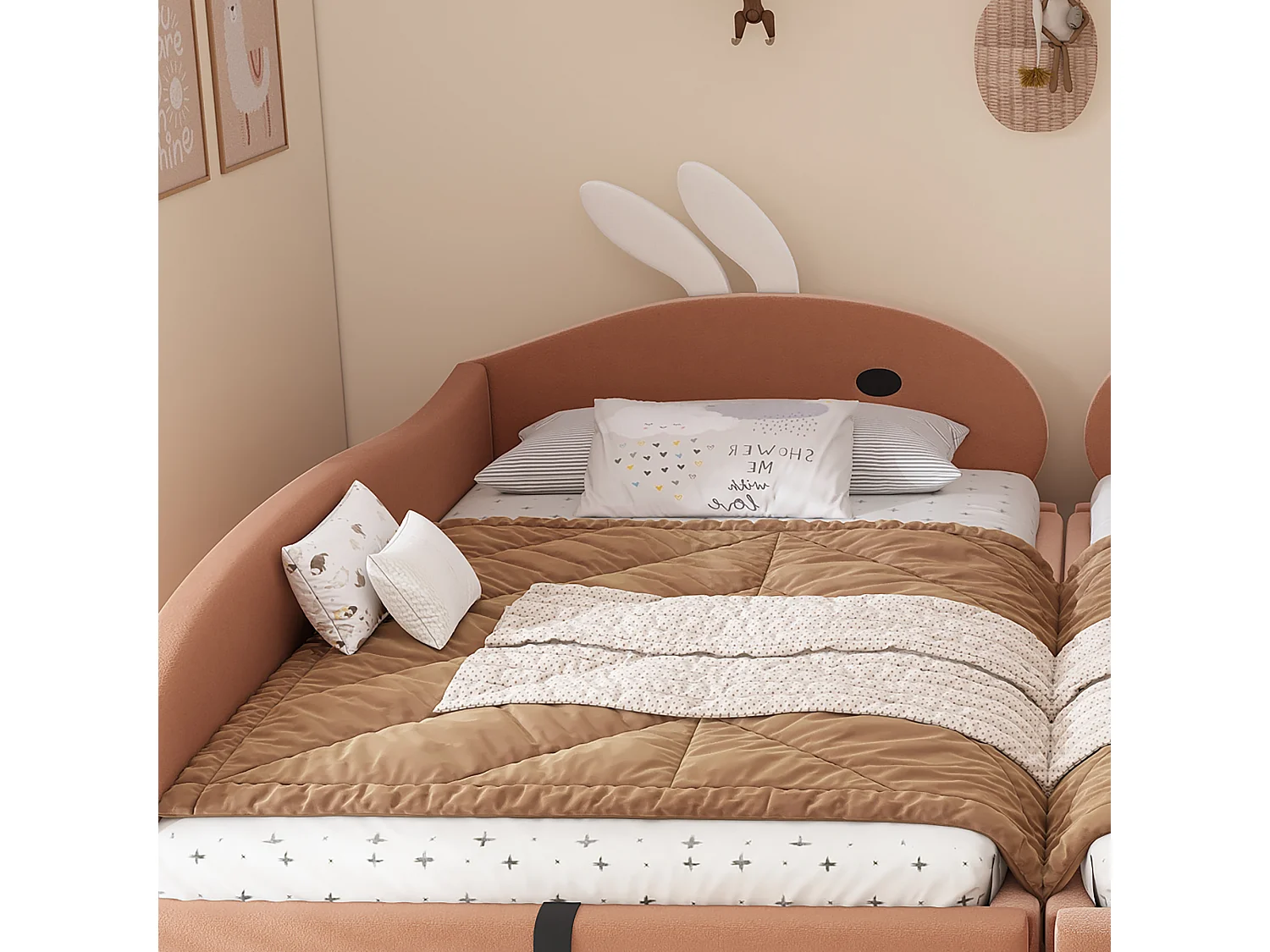 Kinder-Doppel-Stauraumbett 180×200 cm - Spleißdesign - Hasenohr-Kopfteil - mit Lattenrost - Samt + Sperrholz - Rosa