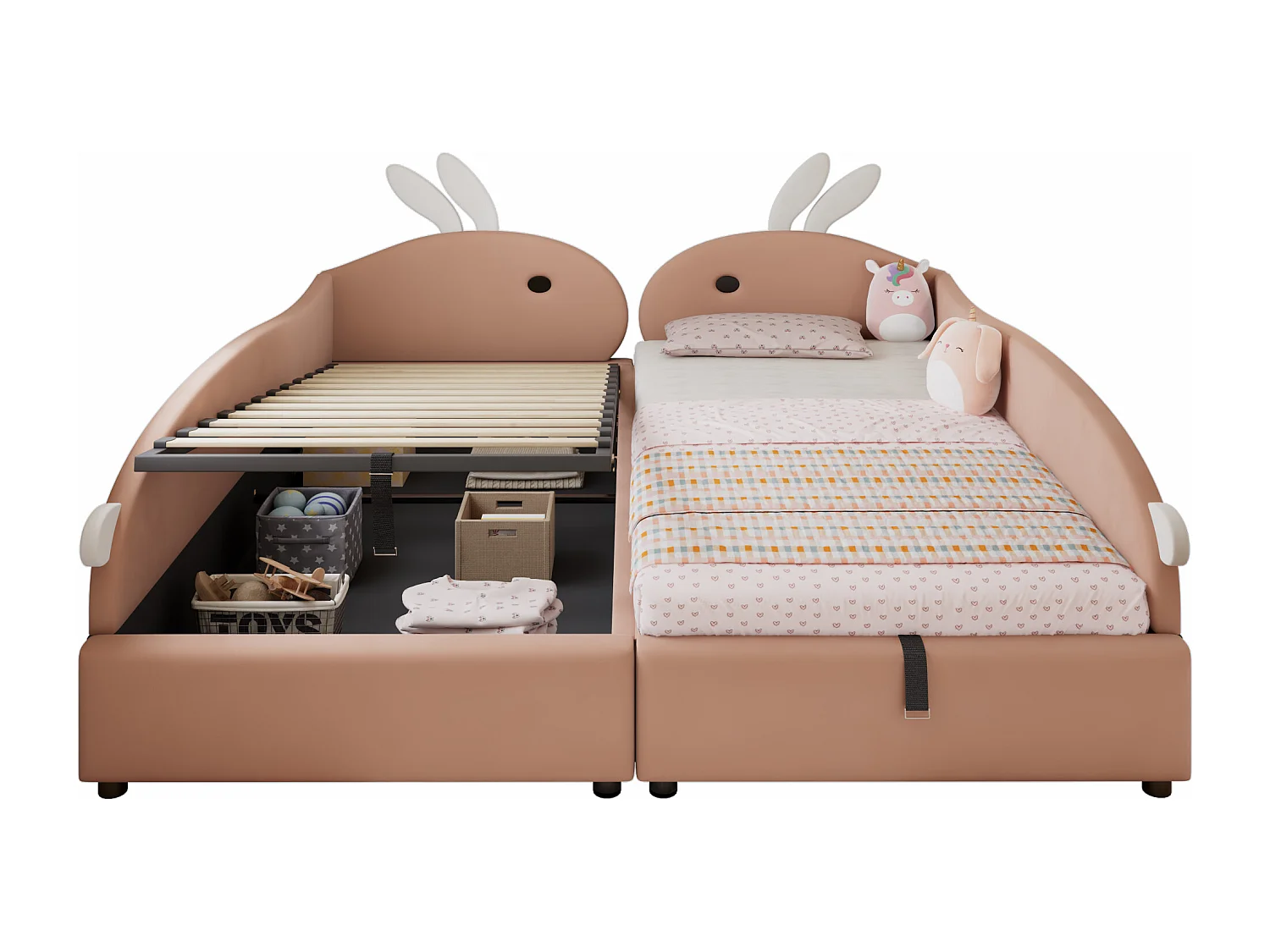 Kinder-Doppel-Stauraumbett 180×200 cm - Spleißdesign - Hasenohr-Kopfteil - mit Lattenrost - Samt + Sperrholz - Rosa