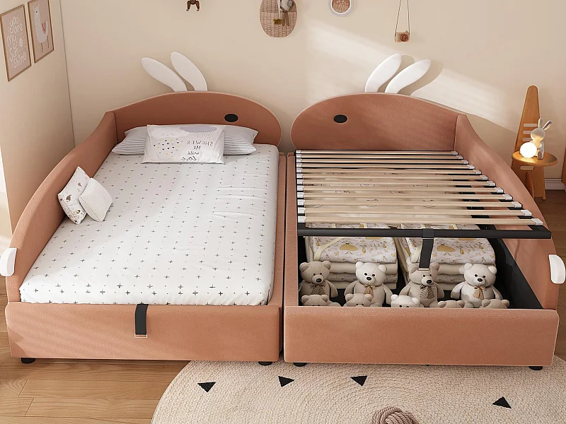 Kinder-Doppel-Stauraumbett 180×200 cm - Spleißdesign - Hasenohr-Kopfteil - mit Lattenrost - Samt + Sperrholz - Rosa