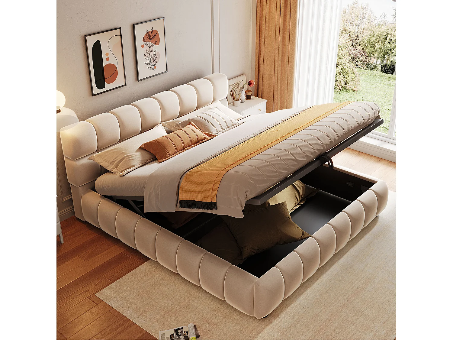 Gepolstertes Bett mit Stauraum – 140 x 200 cm – großzügiges und stabiles Kopfteil und Seitenteile – Samt – Beige