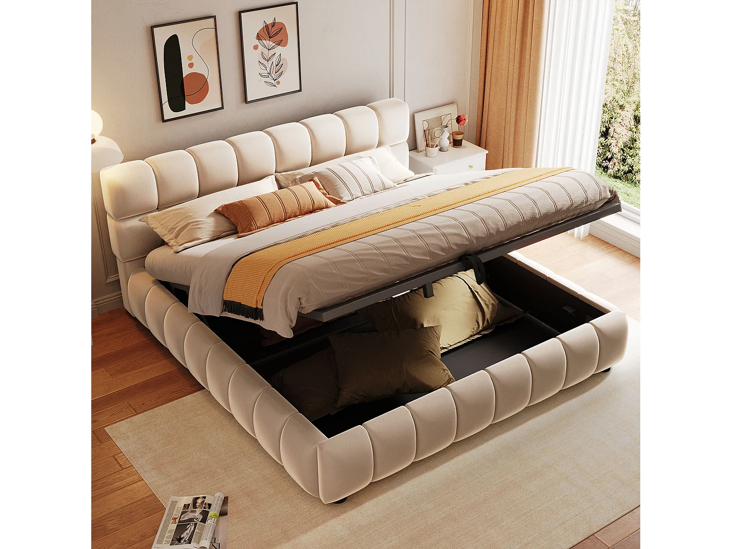 Gepolstertes Bett mit Stauraum – 140 x 200 cm – großzügiges und stabiles Kopfteil und Seitenteile – Samt – Beige