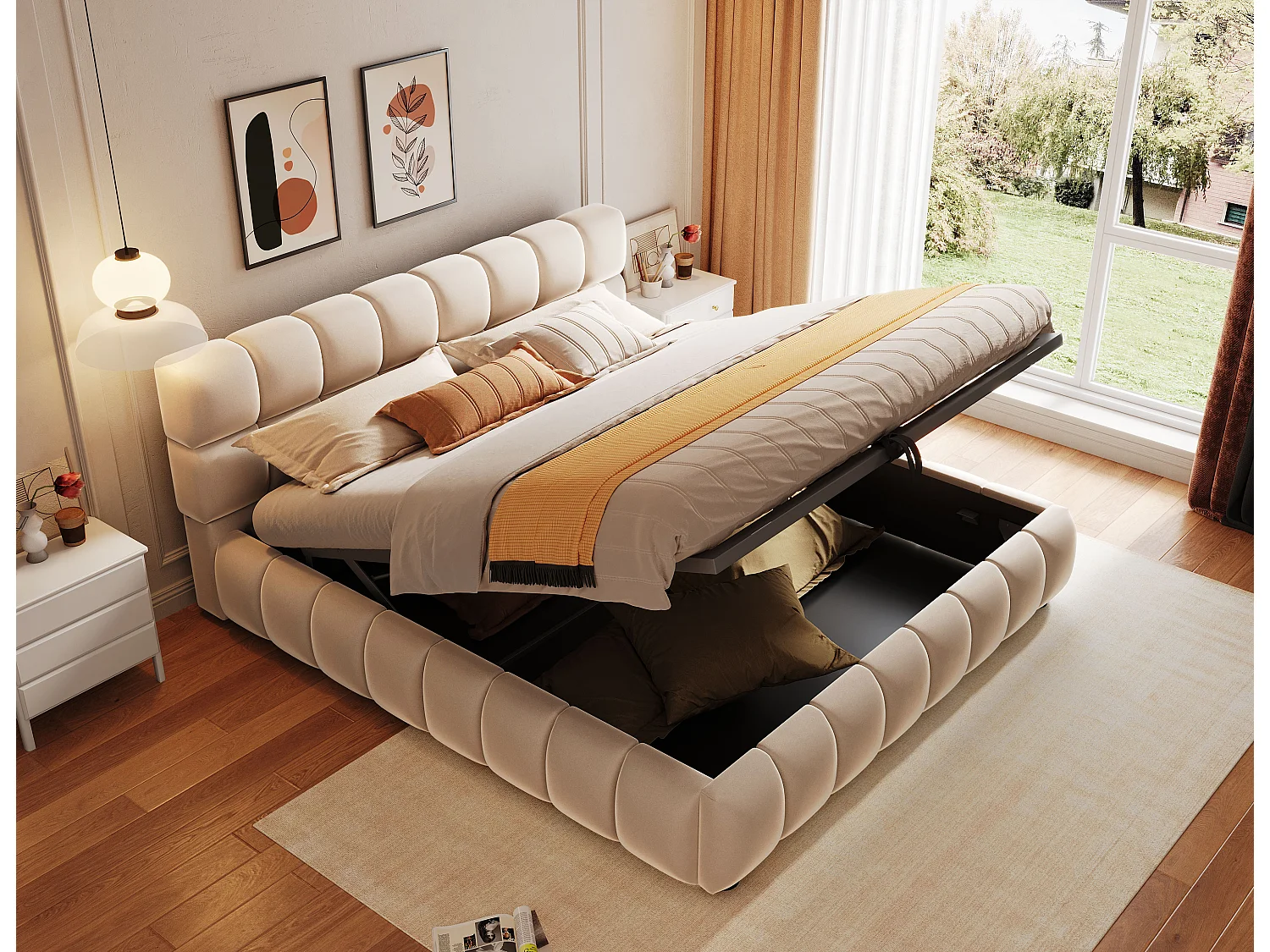 Gepolstertes Bett mit Stauraum – 140 x 200 cm – großzügiges und stabiles Kopfteil und Seitenteile – Samt – Beige