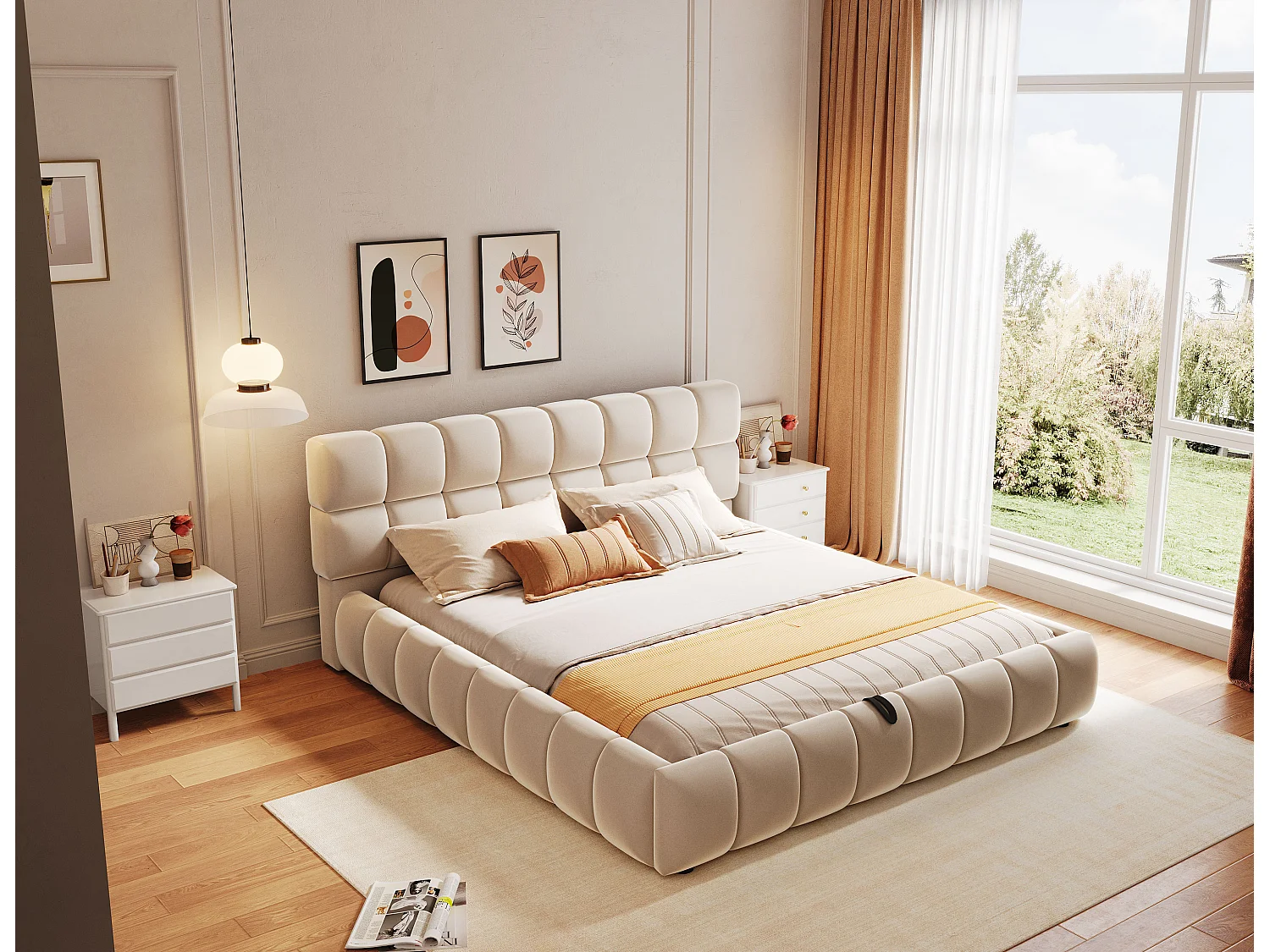 Gepolstertes Bett mit Stauraum – 140 x 200 cm – großzügiges und stabiles Kopfteil und Seitenteile – Samt – Beige