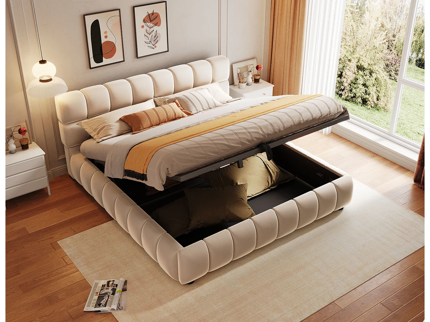 Gepolstertes Bett mit Stauraum – 140 x 200 cm – großzügiges und stabiles Kopfteil und Seitenteile – Samt – Beige