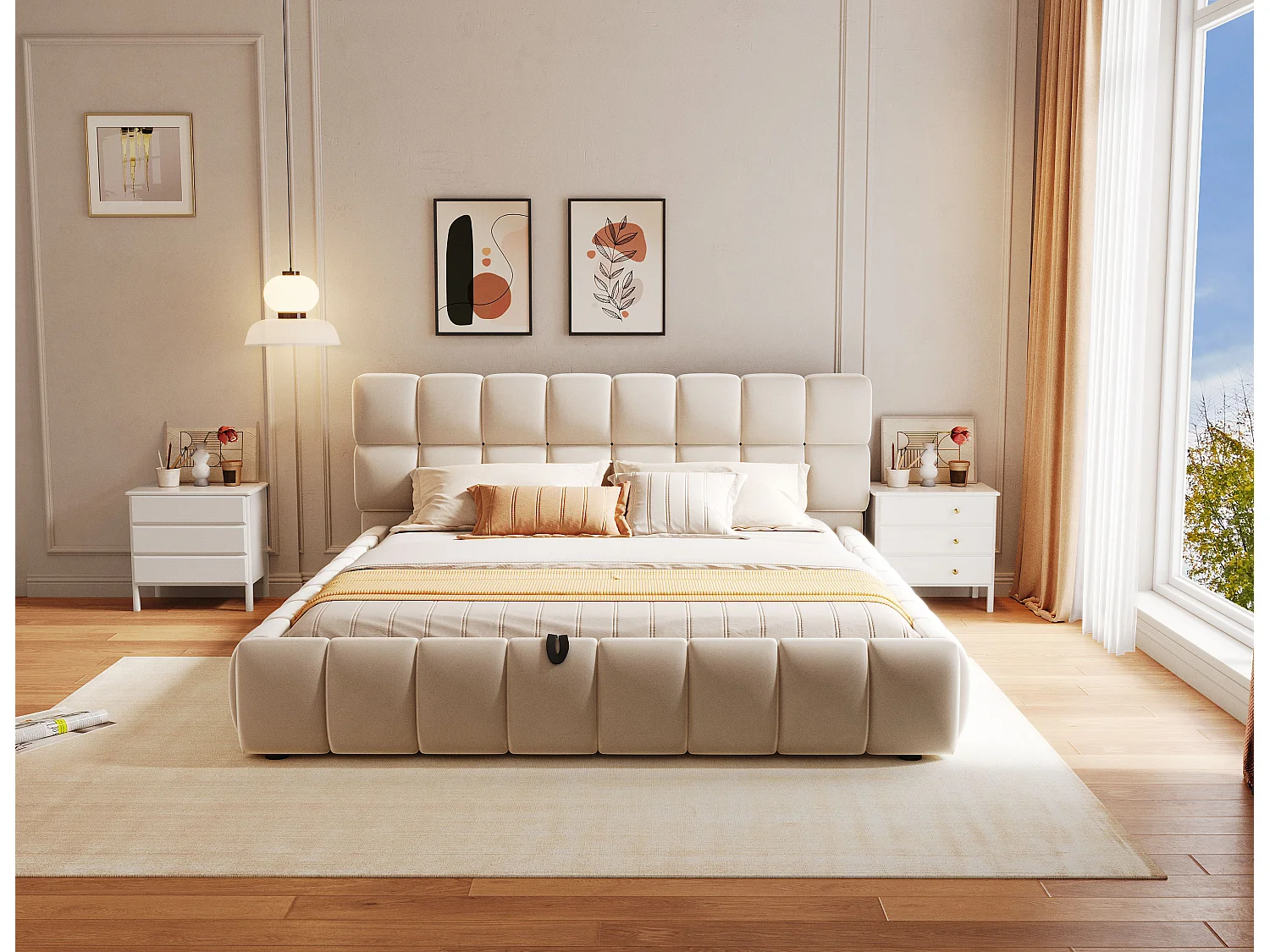 Gepolstertes Bett mit Stauraum – 140 x 200 cm – großzügiges und stabiles Kopfteil und Seitenteile – Samt – Beige