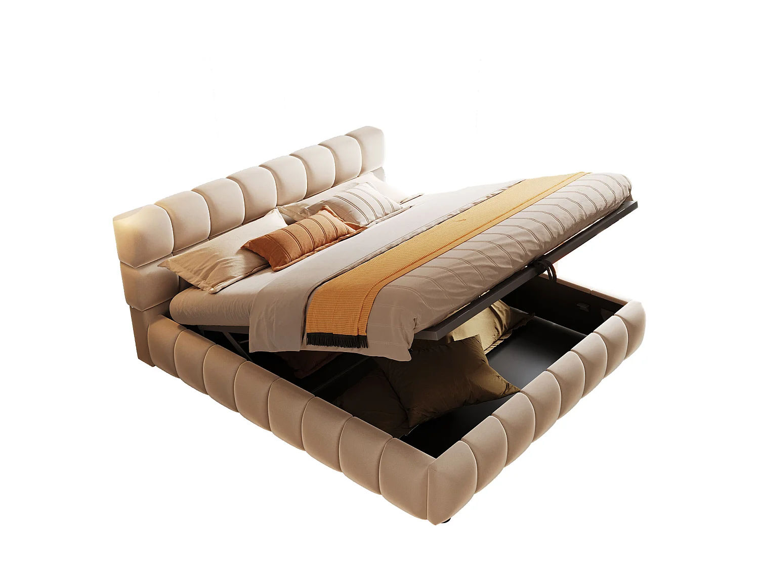 Gepolstertes Bett mit Stauraum – 140 x 200 cm – großzügiges und stabiles Kopfteil und Seitenteile – Samt – Beige